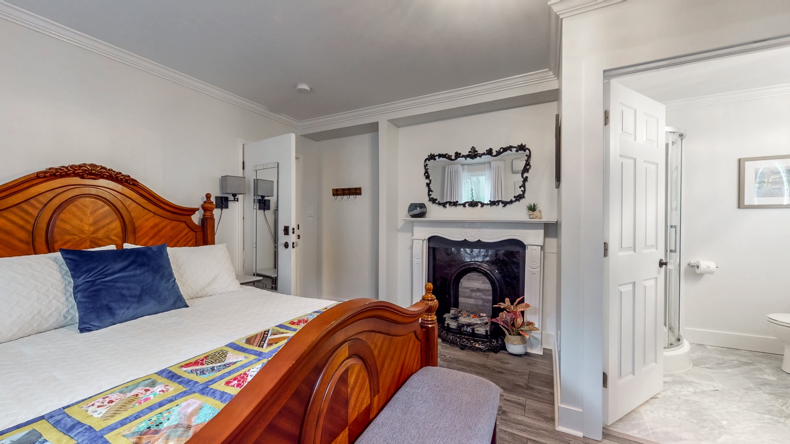 Character bedroom with fireplace