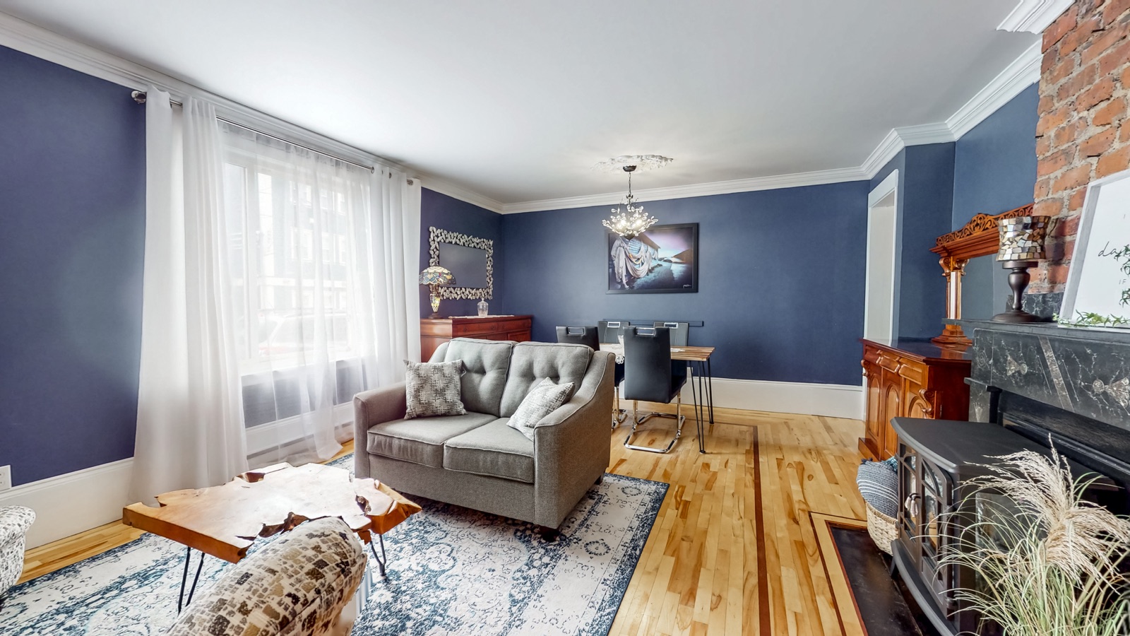 Character-filled living room with fireplace