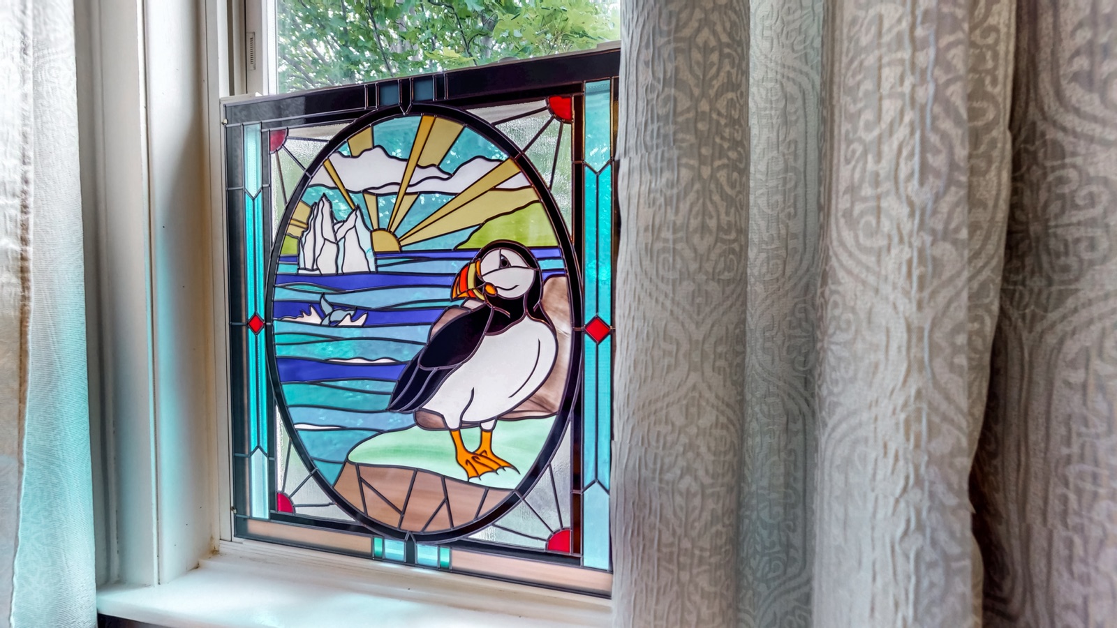 Puffin stained-glass window detail