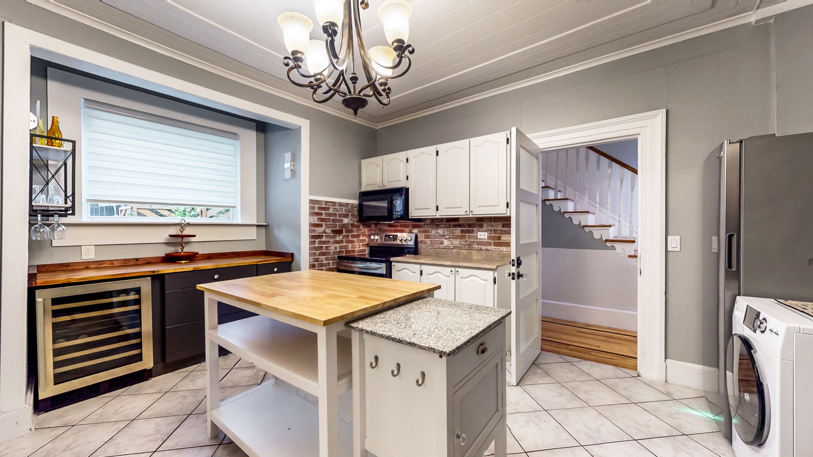 Renovated kitchen with character fireplace